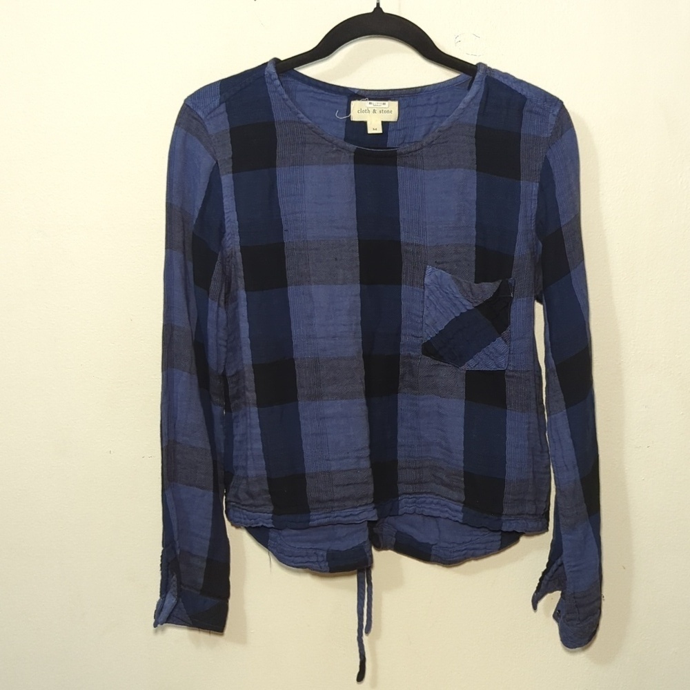 Cloth & Stone Tie-Back Blouse Blue Black Plaid Boho Anthropologie Women's Size M